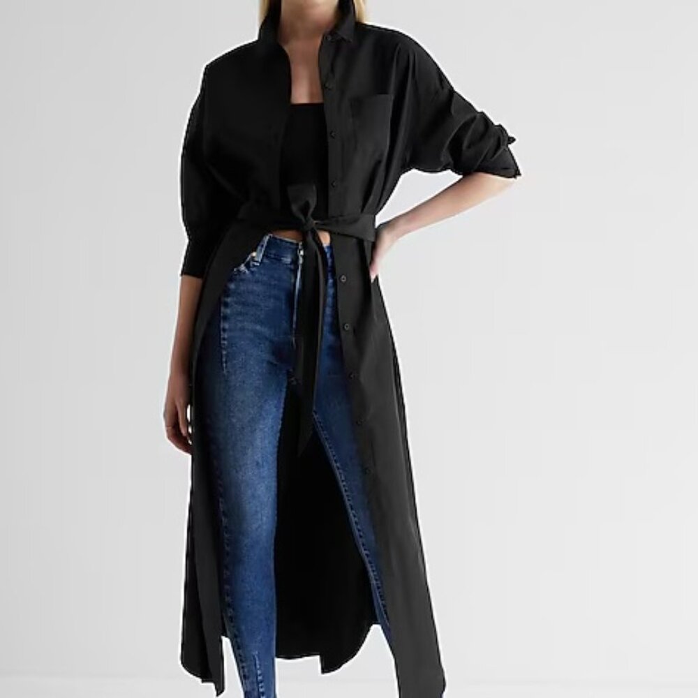 NWT Express Boyfriend Poplin Portofino Maxi Shirt Dress Women's Black Long M